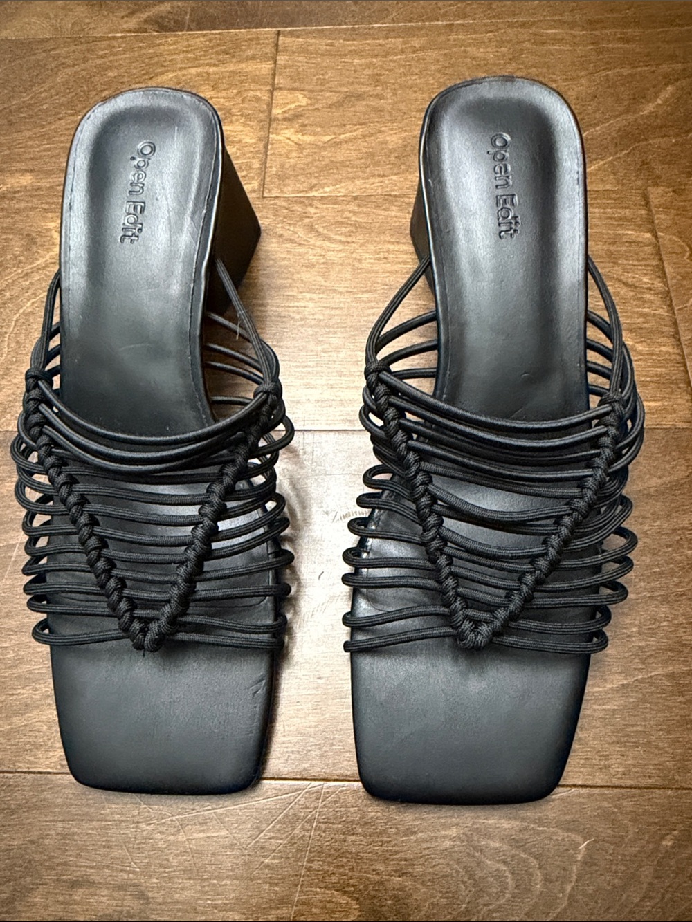 NWOT, Open Edit Black Braided Strap Square-Toe Block Heel Mules